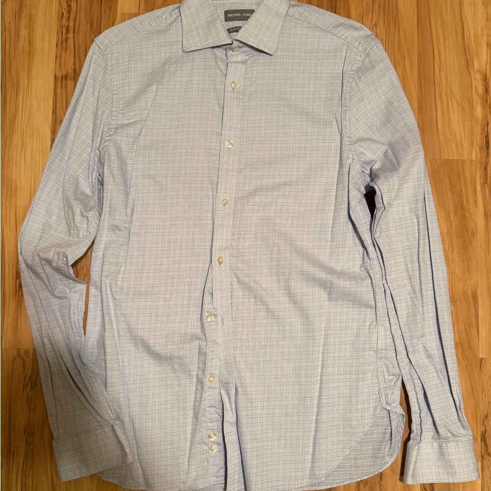 Michael Kors Men's Blue Windowpane Dress Shirt-Size Medium